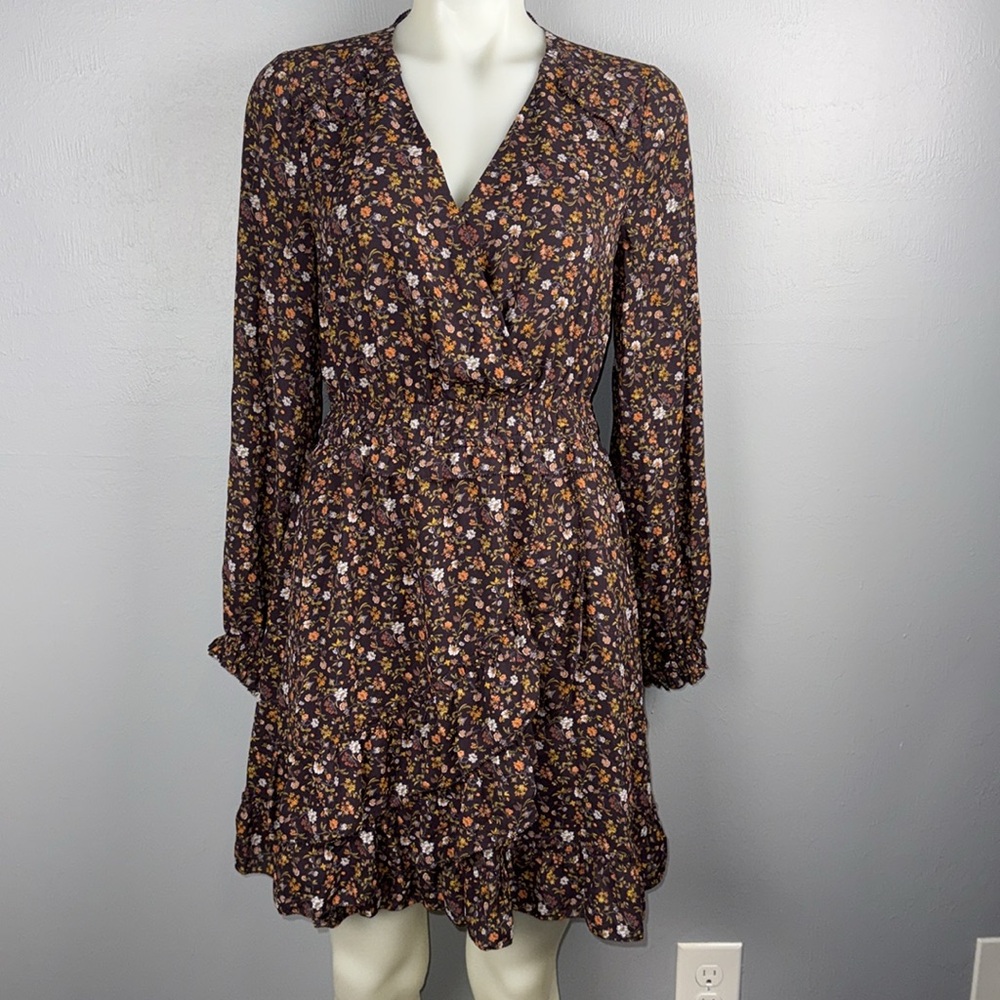Current Air Women’s S Ditzy Floral Ruffled Peasant Faux Wrap Dress Long Sleeves